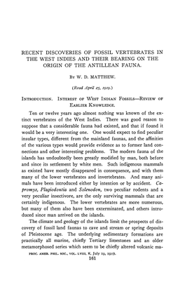 Recent Discoveries of Fossil Vertebrates in the West Indies and Their Bearing on the Origin of the Antillean Fauna