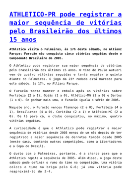 ATHLETICO-PR Pode Registrar a Maior Sequência De Vitórias Pelo Brasileirão Dos Últimos 15 Anos