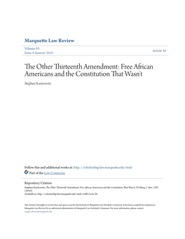 The Other Thirteenth Amendment: Free African Americans and the Constitution That Wasn't Stephen Kantrowitz