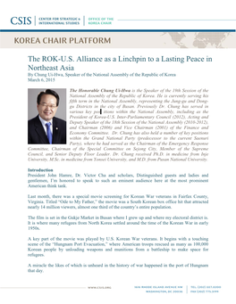 The ROK-U.S. Alliance As a Linchpin to a Lasting Peace in Northeast Asia by Chung Ui-Hwa, Speaker of the National Assembly of the Republic of Korea March 6, 2015