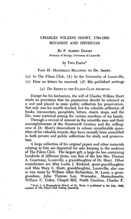 Charles Wilkins Short, 1794-1868 Botanist and Physician