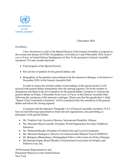 2 December 2020 Excellency, I Have the Honour to Refer to the Special Session of the General Assembly in Response to the Corona