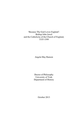 Bishop John Jewel and the Catholicity of the Church of England, 1535-1599