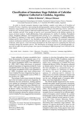 Classification of Immature Stage Habitats of Culicidae (Diptera)