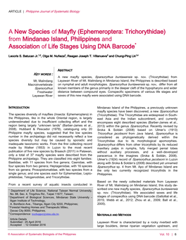 A New Species of Mayfly (Ephemeroptera: Trichorythidae) from Mindanao Island, Philippines and Association of Life Stages Using DNA Barcode*