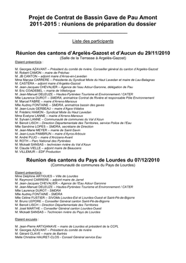 Projet De Contrat De Bassin Gave De Pau Amont 2011-2015 : Réunions De Préparation Du Dossier ______