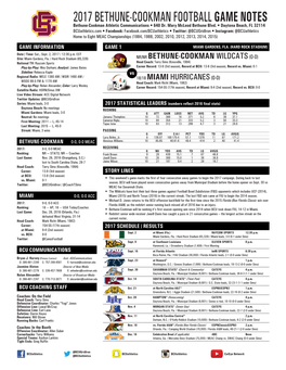 2017 BETHUNE-COOKMAN FOOTBALL GAME NOTES Bethune-Cookman Athletic Communications • 640 Dr