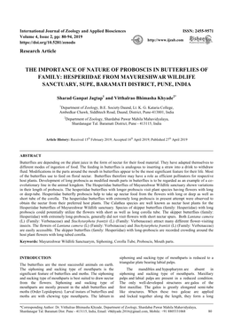 The Importance of Nature of Proboscis in Butterflies of Family: Hesperiidae from Mayureshwar Wildlife Sanctuary, Supe, Baramati District, Pune, India