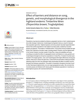 Effect of Barriers and Distance on Song, Genetic, and Morphological Divergence in the Highland Endemic Timberline Wren (Thryorchilus Browni, Troglodytidae)