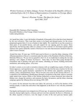 Written Testimony of Atifete Jahjaga, Former President of the Republic of Kosovo Submitted Before the U.S