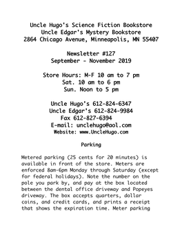 Uncle Hugo's Science Fiction Bookstore Uncle Edgar's Mystery Bookstore 2864 Chicago Avenue, Minneapolis, MN 55407 Newsletter
