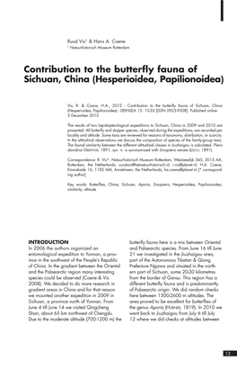 Contribution to the Butterfly Fauna of Sichuan, China (Hesperioidea, Papilionoidea)