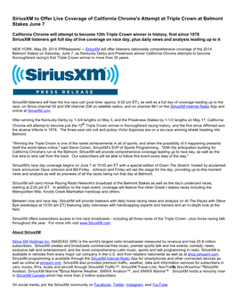 Siriusxm to Offer Live Coverage of California Chrome's Attempt at Triple Crown at Belmont Stakes June 7