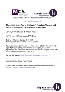 Philippine) Populism: Violence and Vulgarity in Duterte’S Hypermasculine Discourse