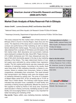 Market Chain Analysis of Koka Reservoir Fish in Ethiopia
