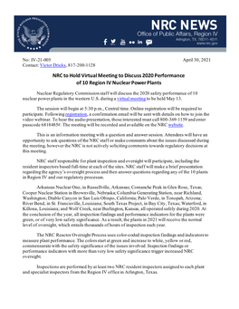 NRC to Hold Virtual Meeting to Discuss 2020 Performance of 10 Region IV Nuclear Power Plants