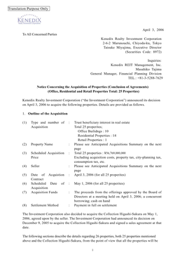 Notice Concerning the Acquisition of Properties (Conclusion of Agreements) (Office, Residential and Retail Properties Total: 25 Properties)