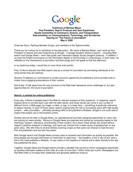 Testimony of Marissa Mayer Vice President, Search Products and User Experience Senate Committee on Commerce, Science, and Transp