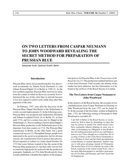 On Two Letters from Caspar Neumann to John Woodward Revealing the Secret Method for Preparation of Prussian Blue