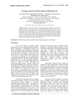 Proximate Analysis, Calorific Value and Trace Metal Analysis of Coal