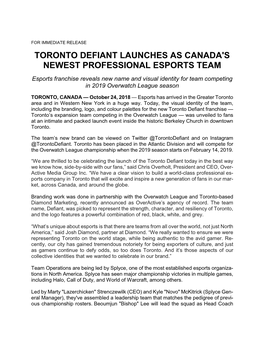 Toronto Defiant Launches As Canada's Newest
