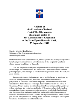 Address by the President of Iceland Guðni Th. Jóhannesson at a Dinner Hosted by the Government of Greenland at the Hans Egede House in Nuuk, 25 September 2019