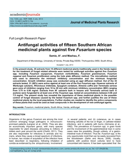 Antifungal Activities of Fifteen Southern African Medicinal Plants Against Five Fusarium Species