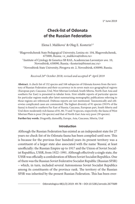 Check-List of Odonata of the Russian Federation 1St June 201949