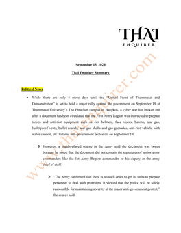 September 15, 2020 Thai Enquirer Summary Political News • While