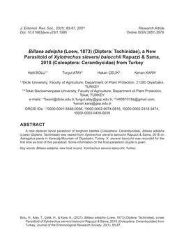 Billaea Adelpha (Loew, 1873) (Diptera: Tachinidae), a New Parasitoid of Xylotrechus Sieversi Baiocchii Rapuzzi & Sama, 2018 (Coleoptera: Cerambycidae) from Turkey