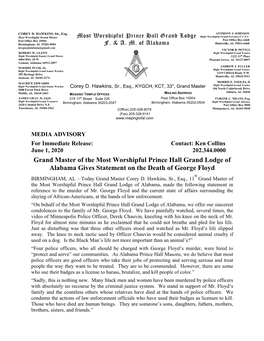 Grand Master of the Most Worshipful Prince Hall Grand Lodge of Alabama Gives Statement on the Death of George Floyd Th BIRMINGHAM, AL – Today Grand Master Corey D