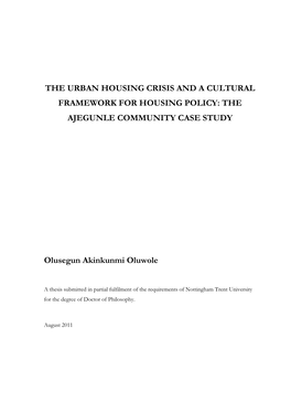 The Urban Housing Crisis and a Cultural Framework for Housing Policy: the Ajegunle Community Case Study