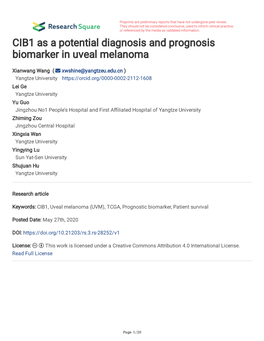 CIB1 As a Potential Diagnosis and Prognosis Biomarker in Uveal Melanoma