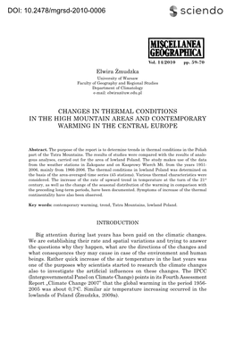 Changes in Thermal Conditions in the High Mountain Areas and Contemporary Warming in the Central Europe