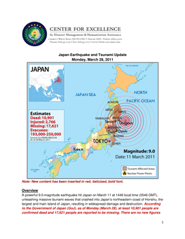 Japan Earthquake and Tsunami Update Monday, March 28, 2011