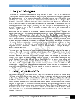 History of Telangana Telangana, As a Geographical and Political Entity Was Born on June 2, 2014 As the 29Th and the Youngest State in Union of India