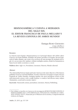 Hispanoamérica Y España a Mediados Del Siglo Xix: El Editor Francisco De Paula Mellado Y La Revista Española De Ambos Mundos1