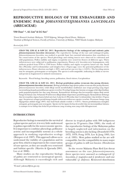 Reproductive Biology of the Endangered and Endemic Palm Johannesteijsmannia Lanceolata (Arecaceae)