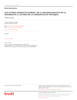 LES AUTRES ANIMAUX EN DROIT : DE LA RECONNAISSANCE DE LA SENSIBILITÉ À L’OCTROI DE LA PERSONNALITÉ PHYSIQUE Valéry Giroux