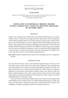 NESTING SITES of SYMPATRICALLY BREEDING WEAVERS: Ploceus Capensis and P