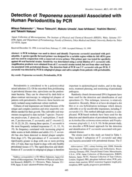 Detection of Treponema Socranskii Associated with Human Periodontitis by PCR