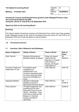 Occasional Licences and Extended Hours Granted Under Delegated Powers Under the Licensing (Scotland) Act 2005 During the Period 27 July 2016 to 20 September 2016