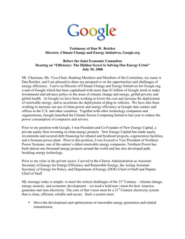 Testimony of Dan W. Reicher Director, Climate Change and Energy Initiatives, Google.Org