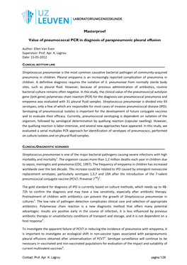 Masterproef Value of Pneumococcal PCR in Diagnosis of Parapneumonic Pleural Effusion