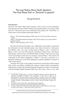 The Last Native Manx Gaelic Speakers. the Final Phase: ‘Full’ Or ‘Terminal’ in Speech?1