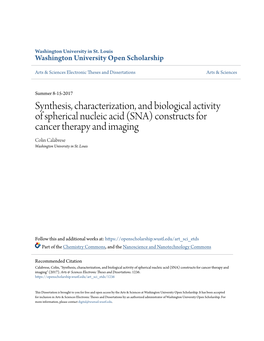 (SNA) Constructs for Cancer Therapy and Imaging Colin Calabrese Washington University in St