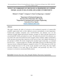 Effect of Corrosion on Mechanical Properties of Copper-Nickel Alloy In