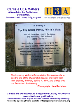 Carlisle U3A Matters a Newsletter for Carlisle and District U3A Summer 2015 June, July, August