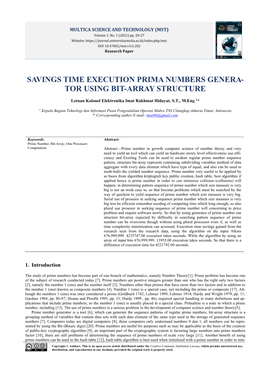 Savings Time Execution Prima Numbers Genera- Tor Using Bit-Array Structure