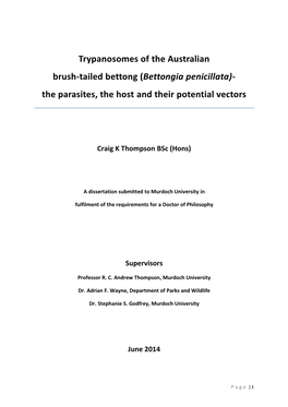 Bettongia Penicillata)- the Parasites, the Host and Their Potential Vectors